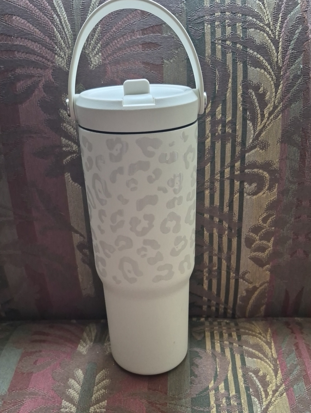 White Leopard Print Insulated Travel Tumbler with Handle